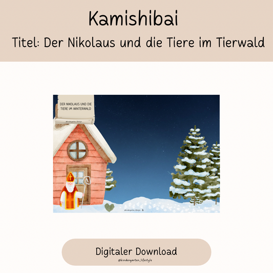 Kamishibai Titel: der Nikolaus und die Tiere im Tierwald
