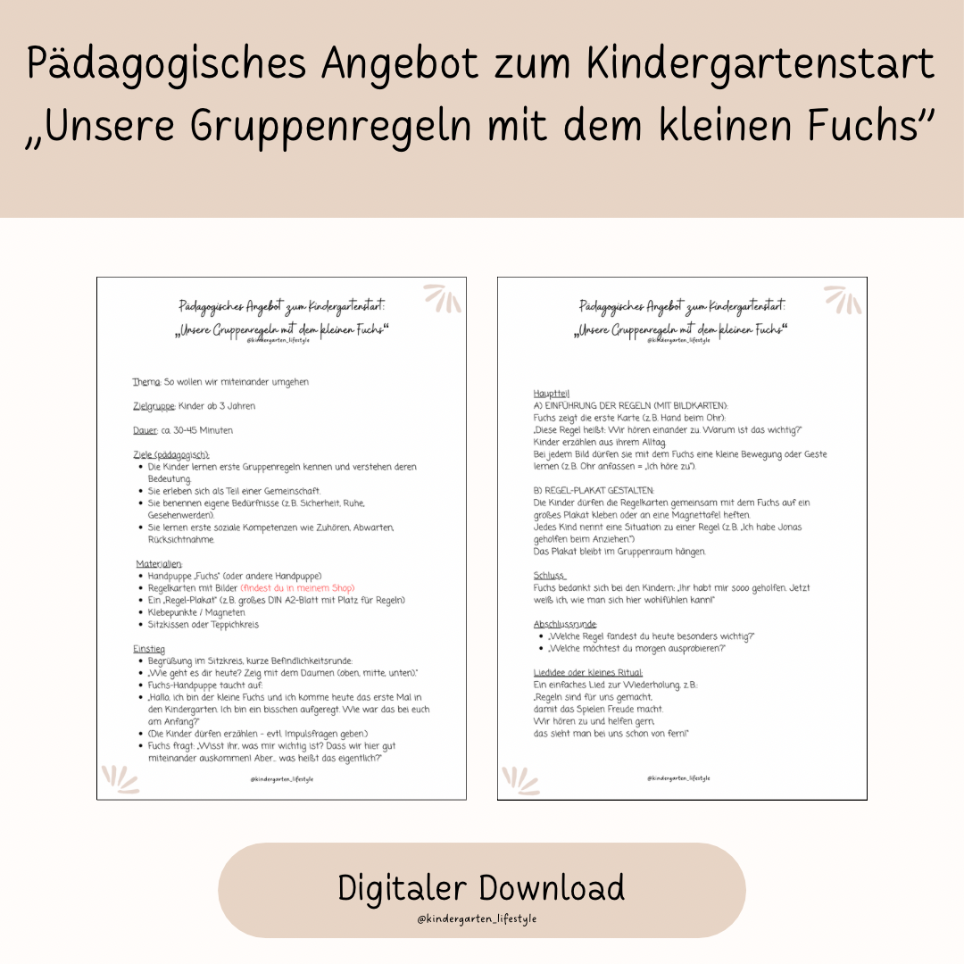 Pädagogisches Angebot zum Kindergartenstart "Unsere Gruppenregeln mit den kleinen Fuchs"
