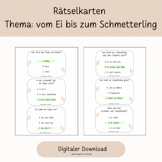 Rätselkarten Thema: vom Ei bis zum Schmetterling